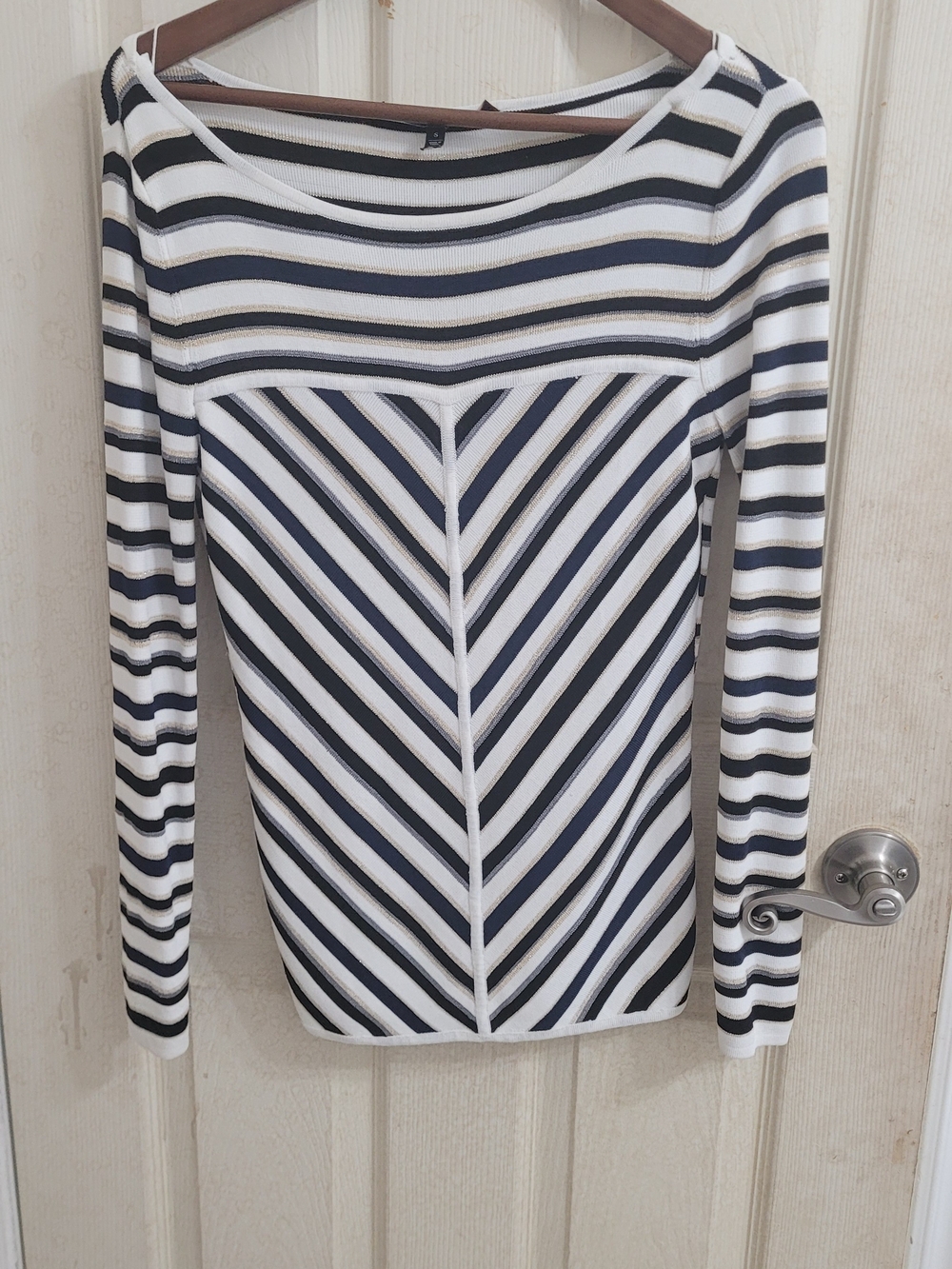 White House Black Market Navy and White Striped Scoop Neck Sweater